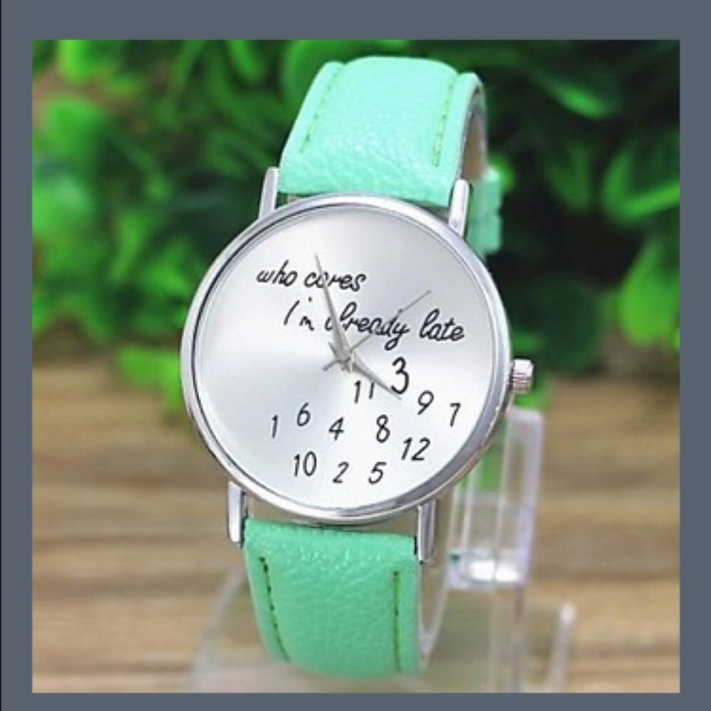 Women’s fashion watch, green vegan leather strap